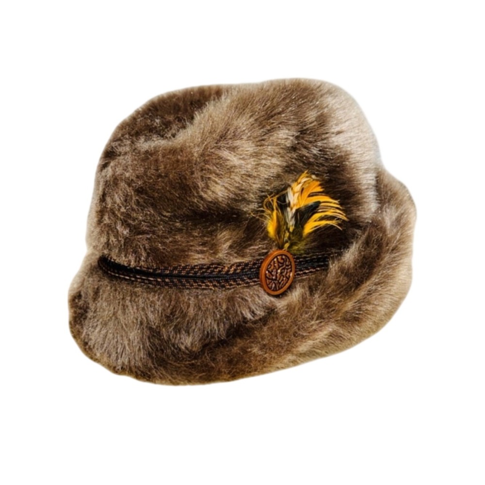VINTAGE ILGWU FAUX FUR HAT Brown Feather Trim Unio | Women's S